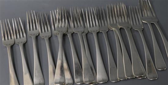 A set of eighteen George IV Irish silver Old English pattern dessert forks by Joshua Buckton, 20 oz.